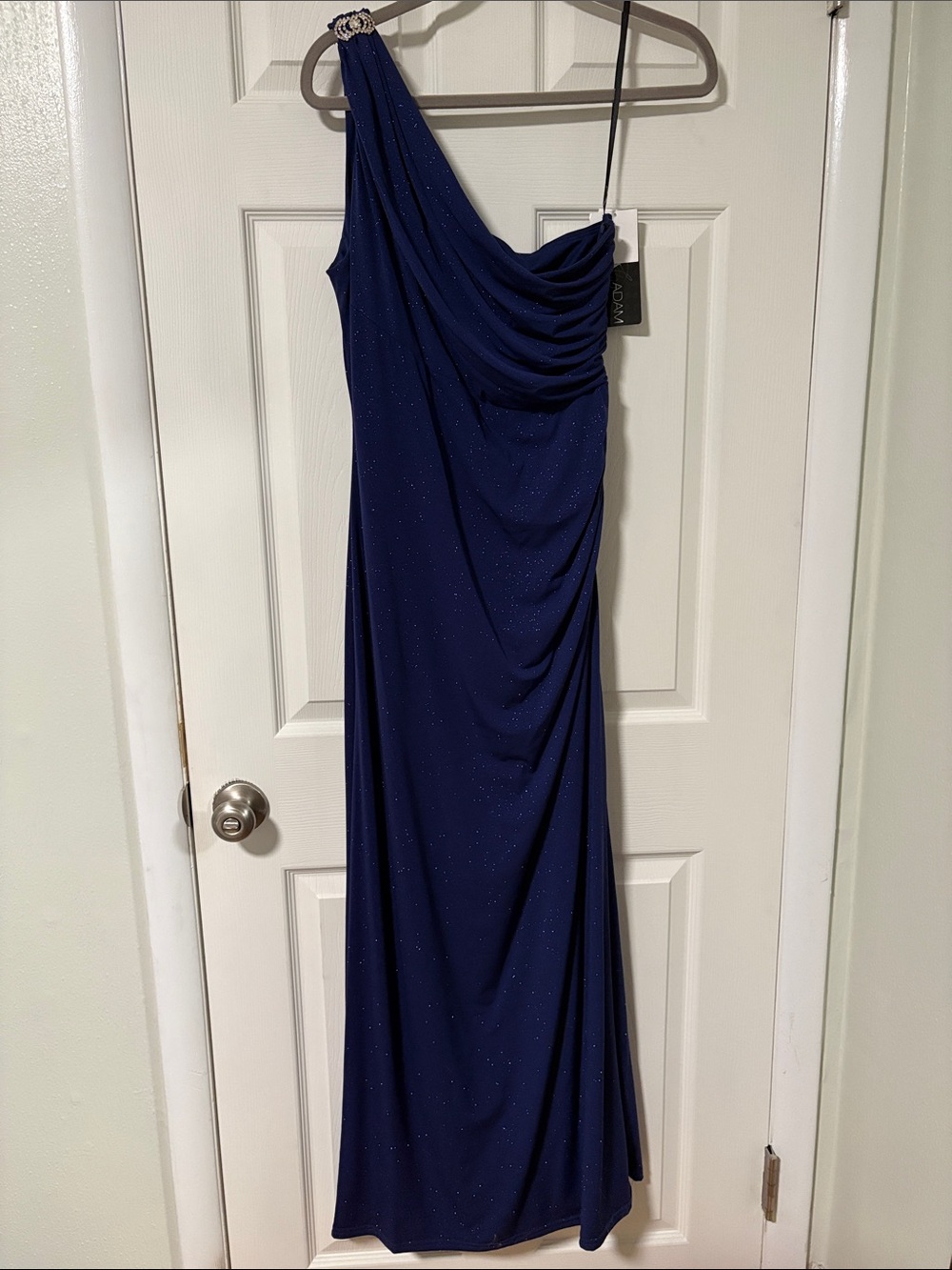 Betsy & Adam One-Shoulder Sparkle Navy Gown
